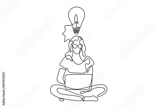 Continuous line drawing of a person with a laptop and an idea lightbulb
