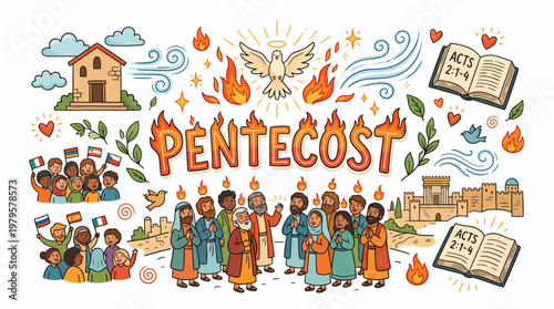 Pentecost Scene - Holy Spirit, Fire, Disciples, Bible