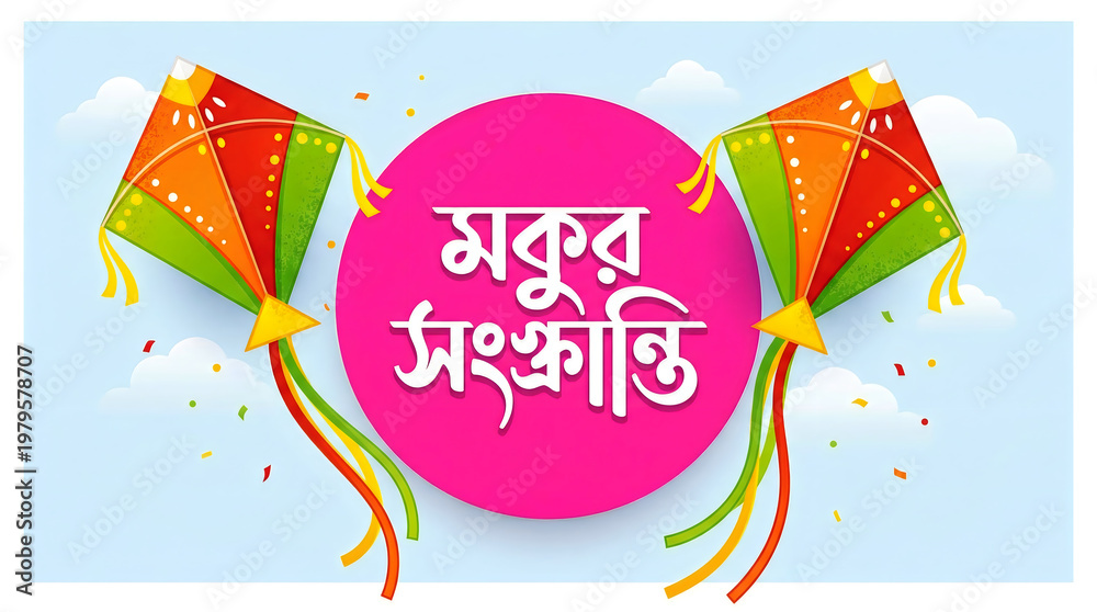 Obraz premium Makar sankranti celebration with colorful kites flying in the sky with confetti
