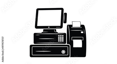 Modern point of sale system with monitor and receipt printer silhouette