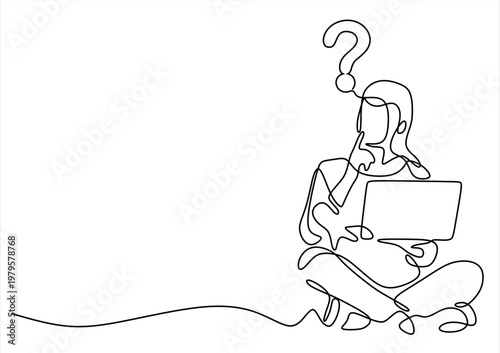 Continuous line drawing of a person thinking with a laptop and question mark