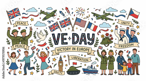 VE Day Celebration: Victory in Europe, People, Flags, Military