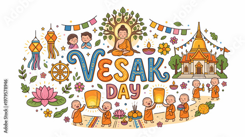 Vesak Day Celebration: Buddha, Monks, Lanterns, Temple, Lotus