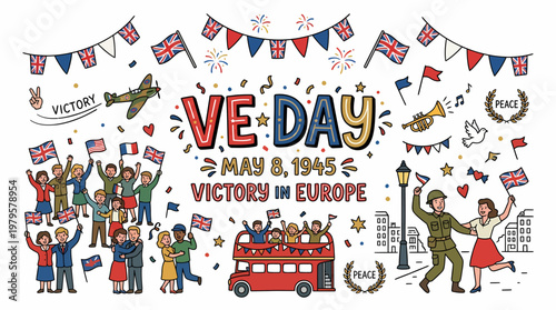 VE Day Celebration, Victory in Europe, May 8 1945, People Cheering