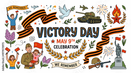 Victory Day Celebration May 9th - Military Parade, Ribbons, Peace