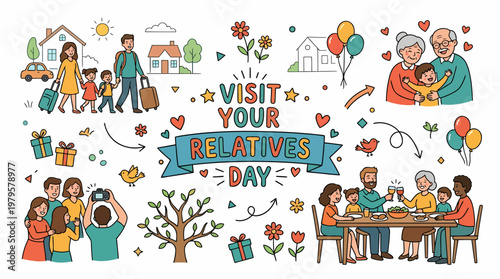 Visit Relatives Day Celebration Banner with Families and Homes