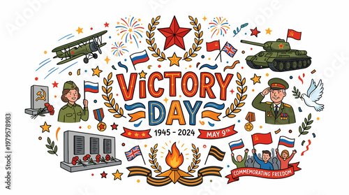 Victory Day Celebration - War Heroes, Flags, Fireworks