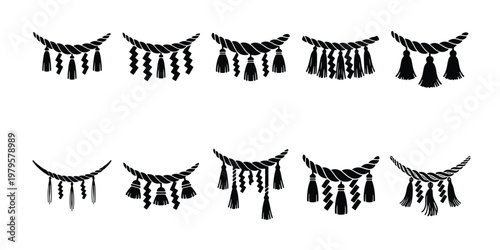 Japanese Shimenawa rope set with tassels and paper streamers, traditional Shinto sacred straw rope icons, 10 black vector silhouettes for cultural design