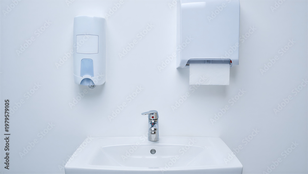 Fototapeta premium Modern bathroom sink with faucet and ceramic wash basin in a luxury contemporary hotel interior featuring clean tile design and home architecture