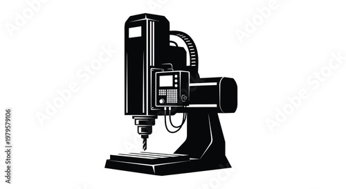 Detailed industrial milling machine illustration in a stark black silhouette