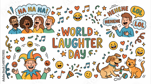 World Laughter Day Celebration with Happy People, Dog, Cat