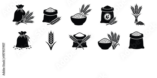 Wheat and grain icons set, black silhouette cereal sacks and flour bags, 10 organic agriculture vector elements for bakery and farm branding
