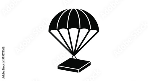 A black silhouette of a parachute with a platform below silhouette