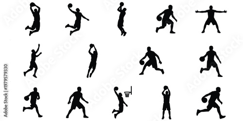 Basketball player silhouettes set, 14 athlete vector elements in action poses, professional sports figures jumping and dribbling for graphic design