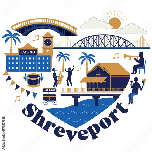 Shreveport Louisiana Travel Poster Illustration featuring Iconic Bridges, Jazz Musicians, Casino, and Riverfront Culture