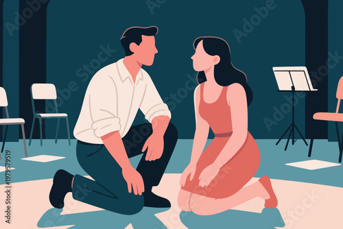 Two performers kneeling face to face on stage with chairs and music stand, rehearsal vector illustration.