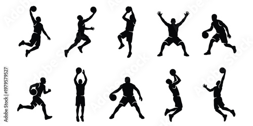 Basketball player silhouettes set, 10 athletic male figures in action poses, black vector icons of basketball players jumping and dunking for sports design
