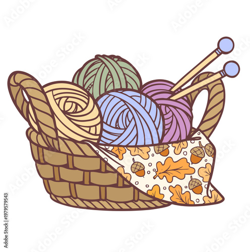 Basket full of balls of wool and knitting needles isolated on a white background