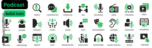 Solid vector of Podcast icon set. Podcast solid icon set. Podcast icon collection. Containing audio, microphone, record, podcasting, broadcasting and entertainment icons. Solid icon set. 