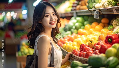 Smiling Asian Woman Shopping for Fresh Produce in Grocery Store.
