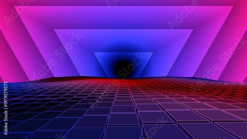3D Neon Cube Corridor Background with a triangular pattern, red and blue, for videotrons, advertising, gaming, virtual environments, music, digital signage, virtual reality, live events, and meetings,