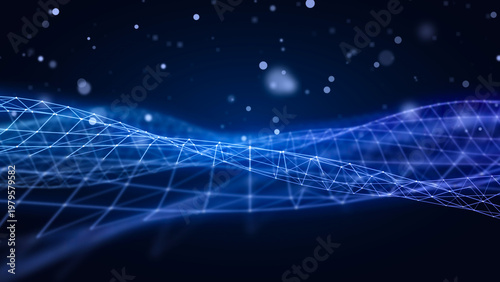 Technology background for futuristic web design featuring a dark blue glowing network grid with floating bokeh particles, abstract digital landscape terrain, 3d render concept texture
