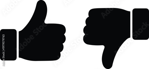 Minimalist black and white icon set of hands showing thumbs up and thumbs down gestures in simple flat vector style
