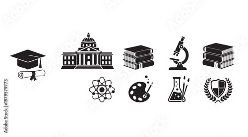 Education icons including graduation cap diploma building books microscope atom palette and flask