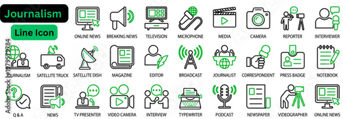 Journalism line icon set. Mass media and journalism line icon collection with editable stroke in creative scattered layout for news concepts