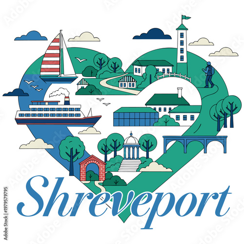 Shreveport Louisiana Travel Illustration in Heart Shape Featuring Landmarks, Riverboat, Sailboat, Hiker, and Scenic Landscape for Tourism and City Promotion