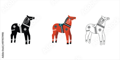 Traditional Dala Horse Variations: Black Silhouette, Red Folk Art, and Outline