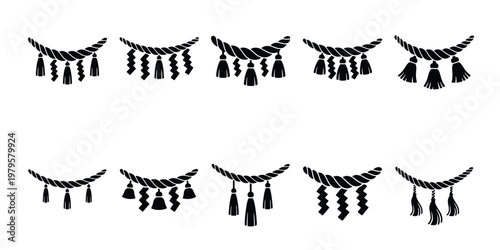 Japanese Shimenawa sacred rope silhouettes, set of 10 traditional Shinto straw rope icons, decorative ritual cord vectors with tassels and shide paper