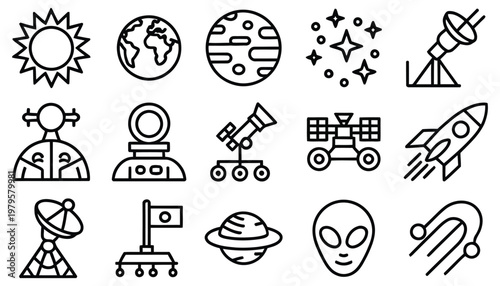 flat design icons set of science technology and space exploration elements