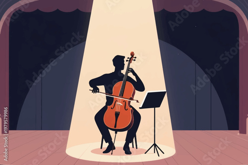 Cellist silhouette playing under spotlight with stage curtains and music stand, dramatic vector illustration.