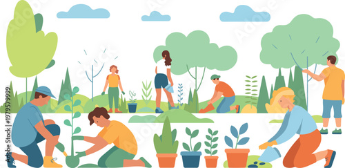 Flat vector illustration of community garden with diverse people working together planting greenery pots trees and outdoor gardening activities