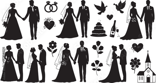 Wedding Silhouettes of Couples in Love with Symbols
