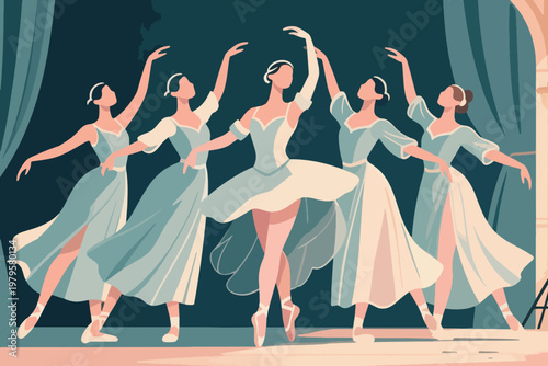 Five ballet dancers in blue dresses performing synchronized routine on stage with elegant poses, vector illustration.