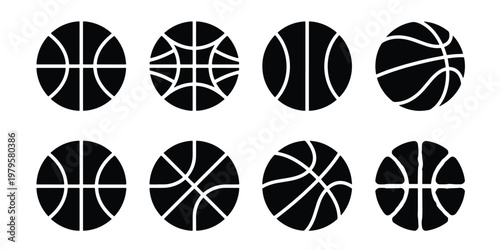 Basketball icon set with 8 black vector silhouettes, minimalist sports ball symbols, professional athletic equipment graphics for tournament branding
