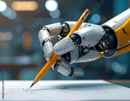 Robotic Hand Drawing with Pencil on Paper, Future Technology Concept.