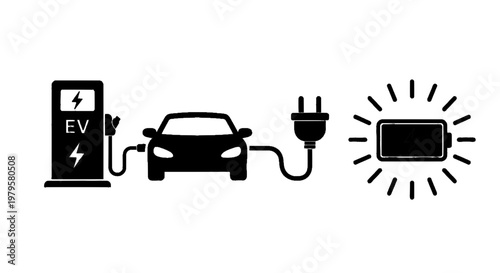 Vector illustration of electric vehicle charging station with car and battery icon on a transparent background