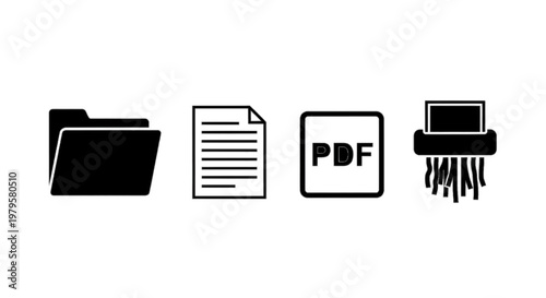 Vector illustration of set of document management icons including folder, file, pdf and shredder on a transparent background