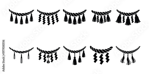 Japanese Shimenawa sacred rope set, 10 black silhouette Shinto straw ropes with shide paper and tassels, traditional cultural decoration vector icons