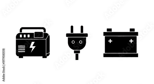 Vector illustration of set of icons representing power sources and electrical connection on a transparent background