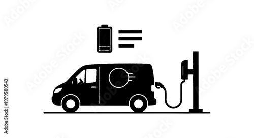 Vector illustration of electric van charging at a charging station on a transparent background