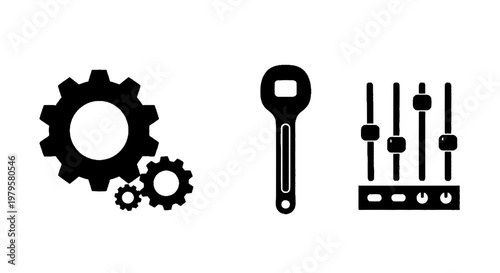 Vector illustration of set of icons representing settings, tools, and audio adjustment controls on a transparent background