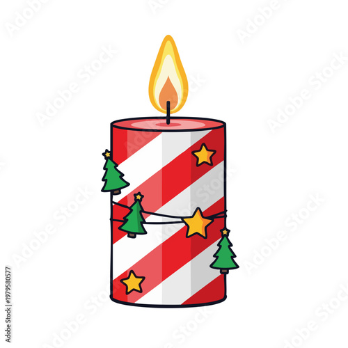 Festive Christmas Candle with Stripes Stars and Christmas Trees.