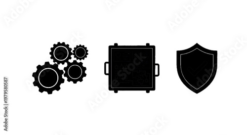 Vector illustration of set of icons representing engineering, technical control, and security on a transparent background