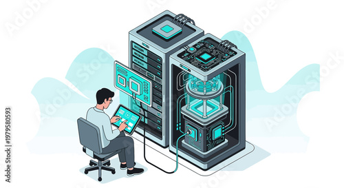 Isometric illustration of a system administrator managing server equipment with a tablet