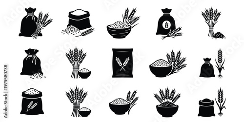 Wheat and grain icons set, black silhouette cereal harvest symbols, 15 agricultural vector elements for bakery and flour packaging design