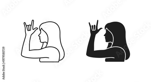 Dualistic illustration of a female figure raising a hand with rock gesture